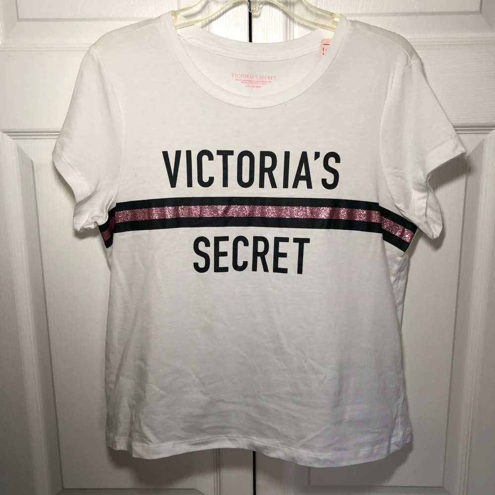 NWT Victoria’s Secret White and Pink Sparkle Logo T Size L